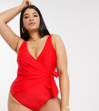 New Look Plus New Look Curve wrap tie front swimsuit in red