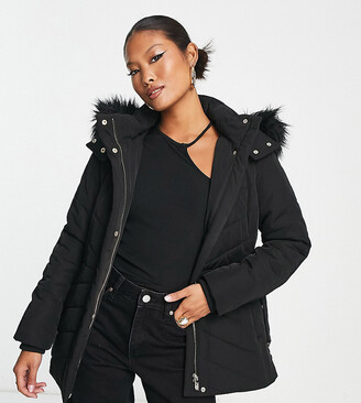 Black coat with belt and fur hood Outlet