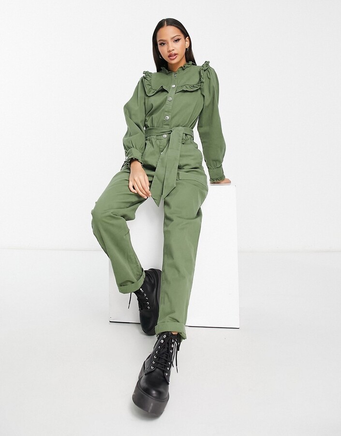 Miss Selfridge bib frill belted jumpsuit in khaki ShopStyle