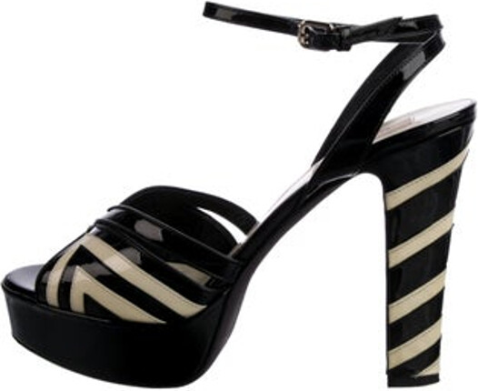 Valentino Patent Leather Sandals Black & White Leather Trim Platform Wrap-Around Straps & Buckle Closure at Ankles Includes Dust Bag