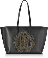 Roberto Cavalli Black Leather Unisex Tote Bag w/Gold Studs RC Logo