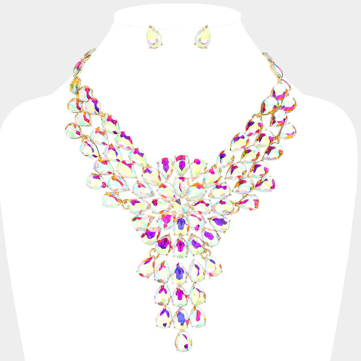 FASHNZFAB Teardrop Stone Cluster Vine Evening Necklace