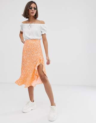 Bershka ditsy floral asymmetric skirt in orange - ShopStyle