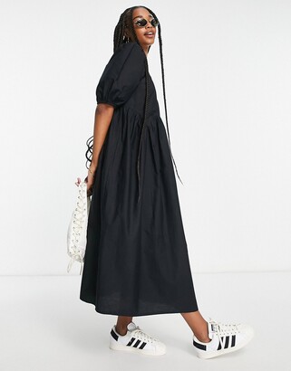 ASOS Tall ASOS DESIGN Tall cotton jumbo scallop puff sleeve smock midi dress  in black - ShopStyle