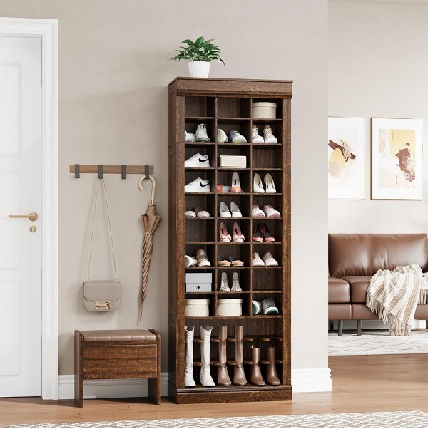 GustoWaveShoeCabinet,10-TierEntrywayStorageCabinetwith27CubbiesandTallBootsStorage,FreestandingTallShoeOrganizerRacks,Brown