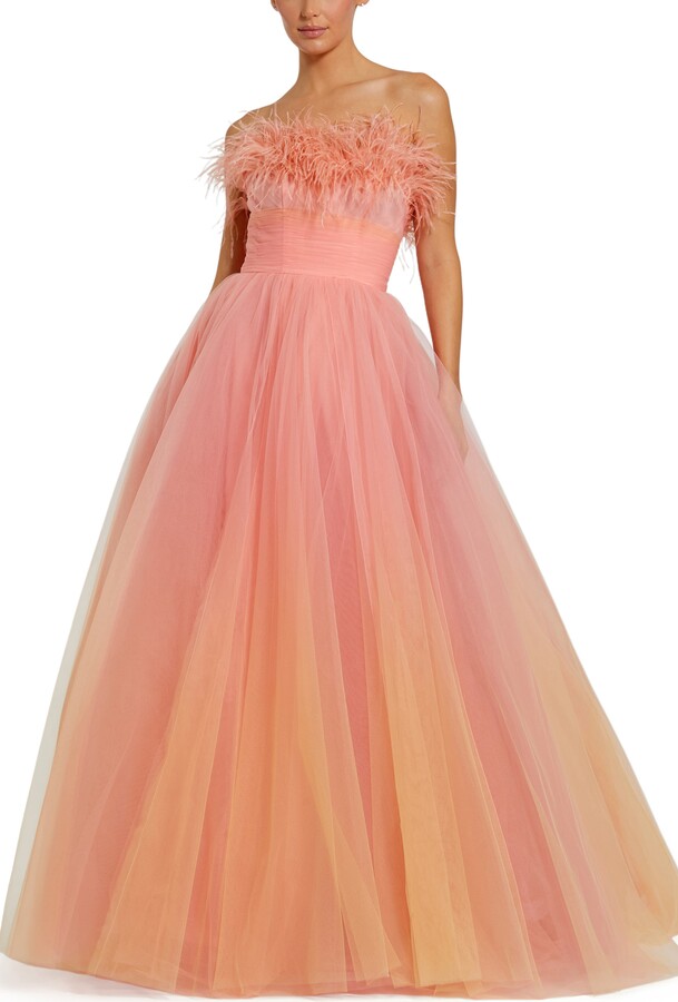 Strapless Feather Bodice Ombre Tulle Ballgown
