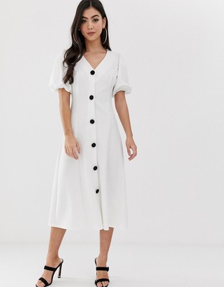ASOS DESIGN Petite midi skater dress with puff sleeves and contrast buttons