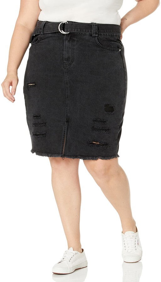 women's black distressed denim skirt
