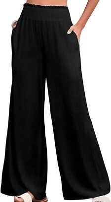 OSNCG Casual Trousers Wide Leg Ladies Pleated With Pockets Loungewear Boho Loose  Fit Bottoms Holiday Beach Women Black XL - ShopStyle