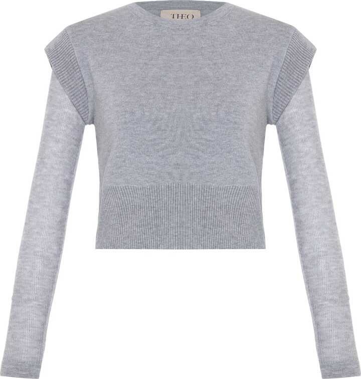 Theo the Label Nomia Sheer Sleeve Crew Neck Sweater - Heather Grey