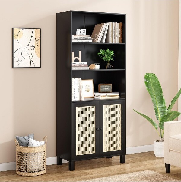SevobalDecorarive5ShelfBookshelfwithDoorsTallBookcaseDisplayShelvesforHomeOfficeBlack29.9\