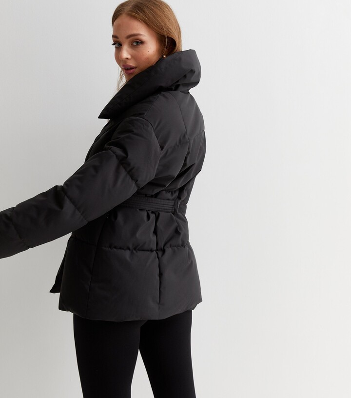 black shawl collar belted puffer coat