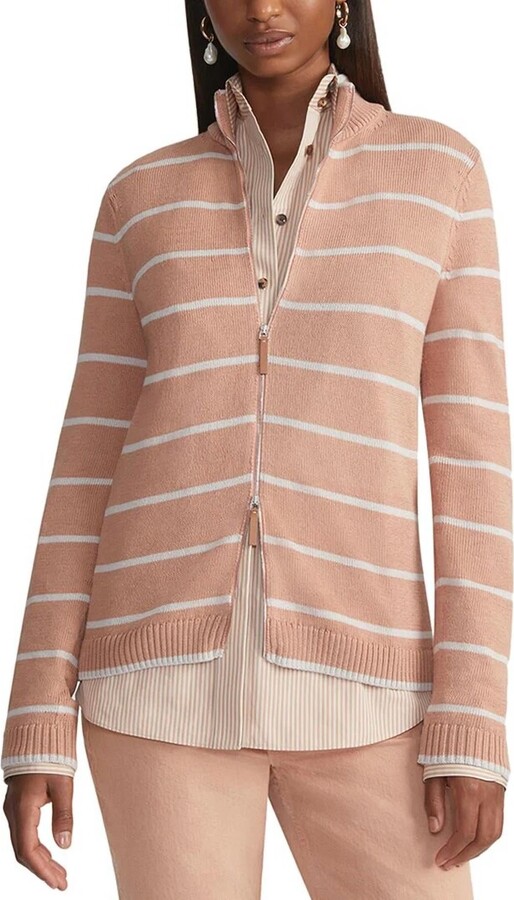 Lafayette 148 Bomber Stripe Zip Cardigan In Peach/white