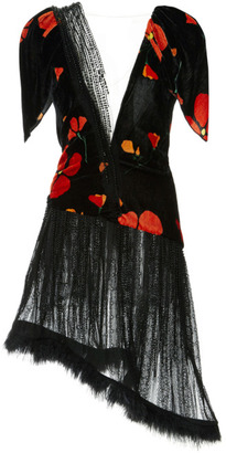 Rodarte Poppy Printed Velvet And Lace Dress With Marabou Feather Trim