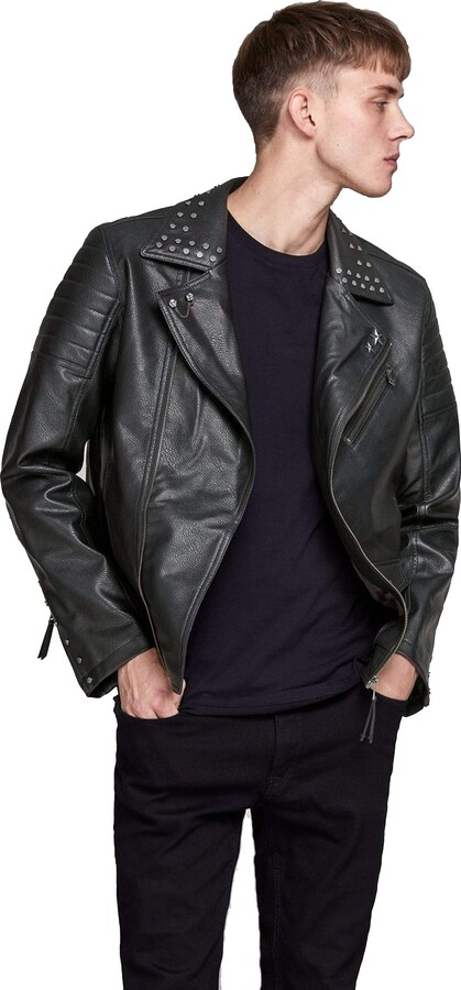 Jack and Jones Biker Slim fit Stud Soft Faux Leather Jacket Black -  ShopStyle