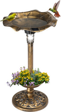 Outdoor Green Solar Lighted Pedestal Bird Bath Fountain Decoration With Planter