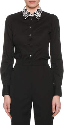 Dolce & Gabbana Long-Sleeve Button-Front Cotton Poplin Blouse w/ Embellished Collar