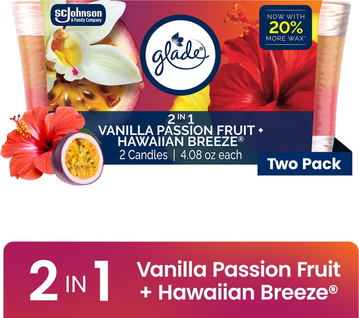 Glade 2in1 Single Wick Candles, Hawaiian Breeze + Vanilla Passionfruit, 8.16 oz, 2 Count