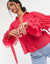 Thumbnail for your product : Saint Genies lace peplum sleeve detail shirt two-piece in fuchsia