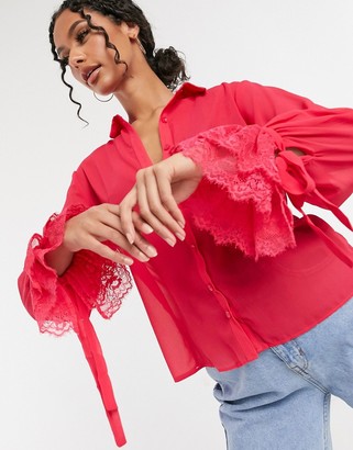 Saint Genies lace peplum sleeve detail shirt two-piece in fuchsia