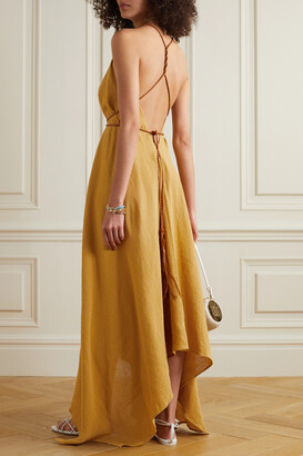 CARAVANA Yatzil Open-back Leather-trimmed Cotton-gauze Halterneck Maxi Dress - Mustard