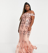 Thumbnail for your product : Goddiva Plus off shoulder embellished maxi dress in peachy pink