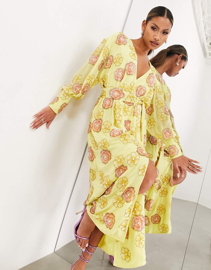 ASOS EDITION sequin floral wrap midi dress in yellow ShopStyle