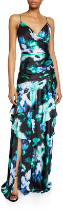 Theia Charm Abstract Floral Sleeveless Ruffle-Trim Gown