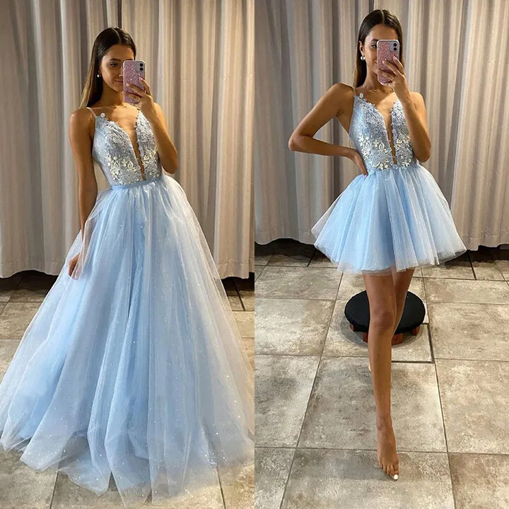 Bridalaffair Glitter Tulle Appliques Prom Dress with Detachable Train Sweetheart 2 Pieces Long Evening Gowns Serenity Blue Party Dresses 2025