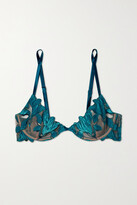 Thumbnail for your product : Fleur Du Mal Lily Velvet And Satin-trimmed Embroidered Stretch-tulle Underwired Bra - Blue
