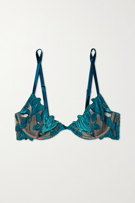 Fleur Du Mal Lily Velvet And Satin-trimmed Embroidered Stretch-tulle Underwired Bra - Blue