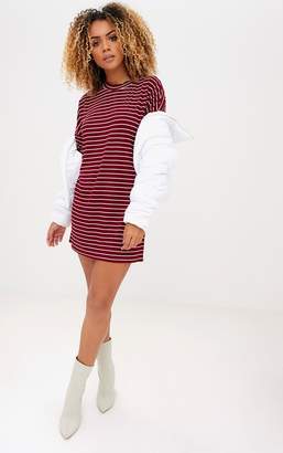 PrettyLittleThing Burgundy Striped Oversized T Shirt Dress
