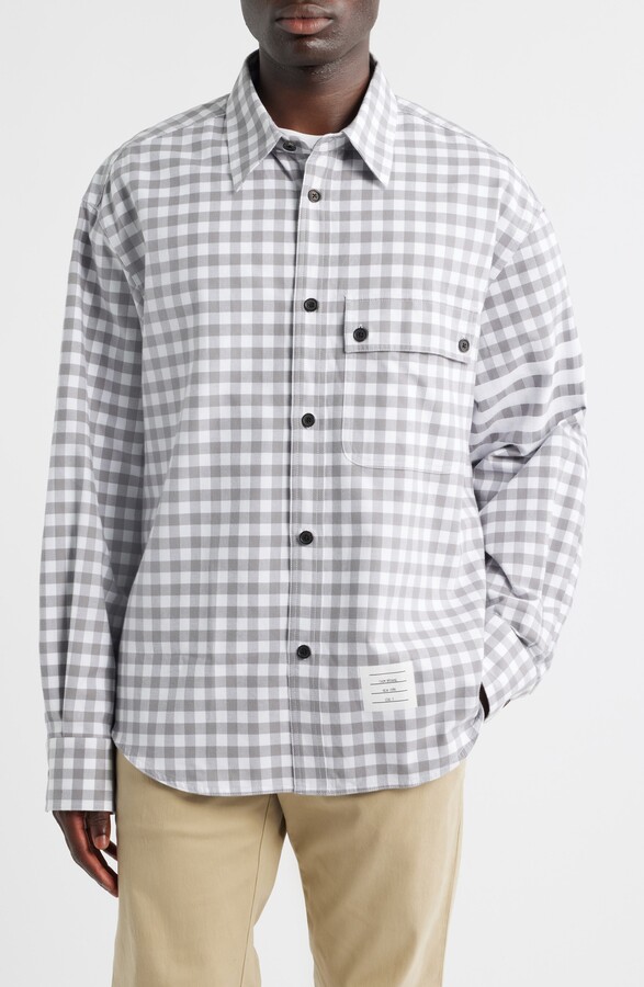 Thom Browne Oversize 4-Bar Gingham Check Flannel Button-Up Shirt