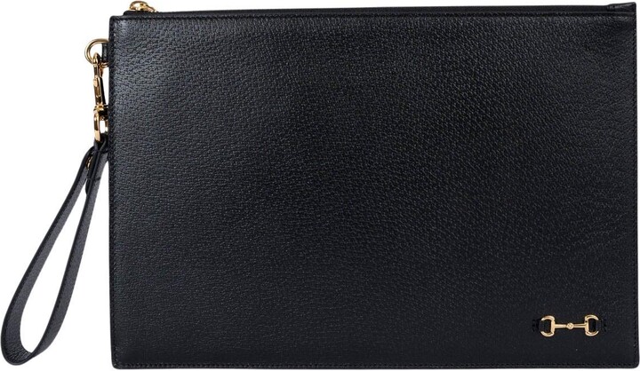 Gucci Black Leather 1955 Horsebit Wristlet Zip Pouch Bag