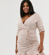 Thumbnail for your product : Outrageous Fortune Plus ruched tie front mini skater dress with fluted hem in pink polka print