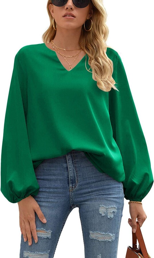 ELESOL Blouses for Women V Neck Chiffon Casual Balloon Sleeve Shirts Loose  Long Sleeve Tunic Tops Green - ShopStyle