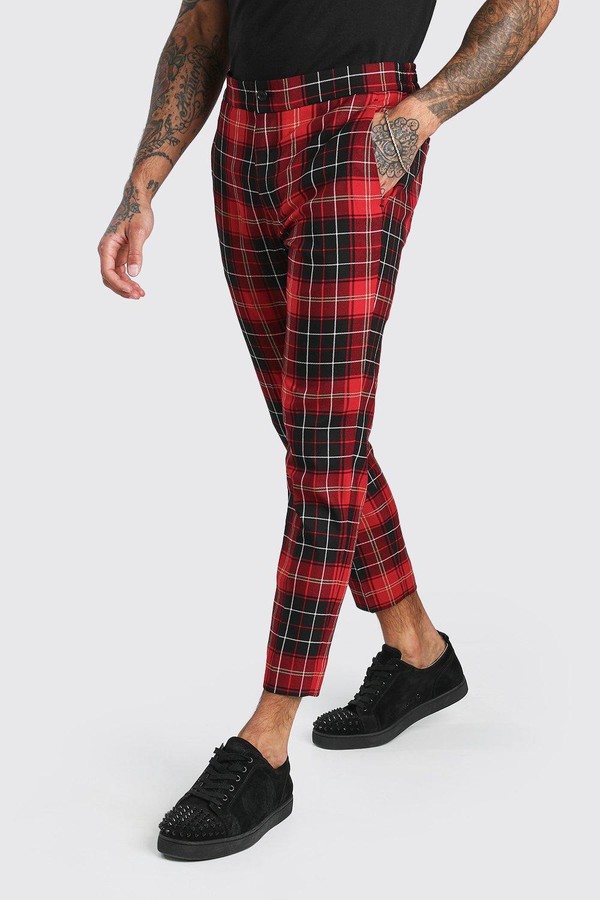 red and black tartan trousers men's