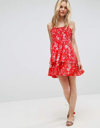 ASOS Shirred Mini Sundress With Tiered Skirt In Red Ditsy Print