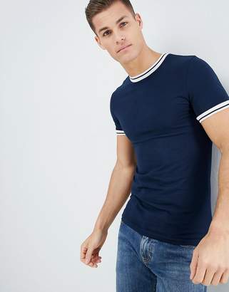 ASOS DESIGN muscle fit t-shirt with tipped neck in blue