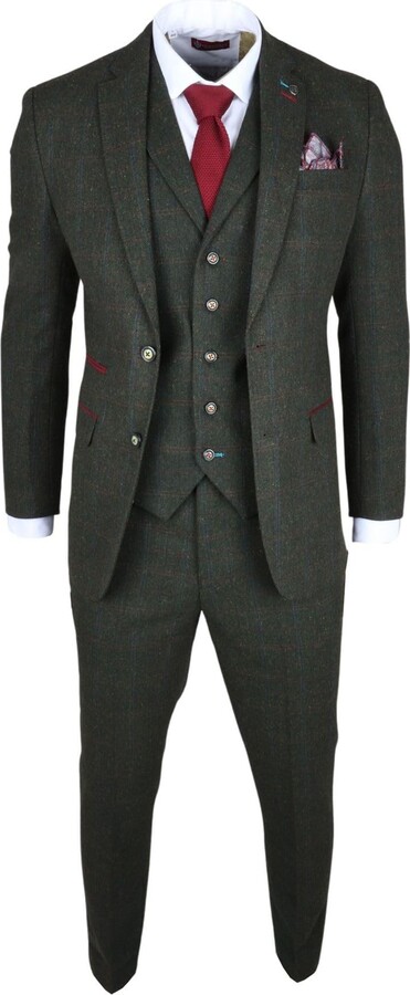 TruClothing Men's Suit Wool Blend Piece Olive Green Herringbone