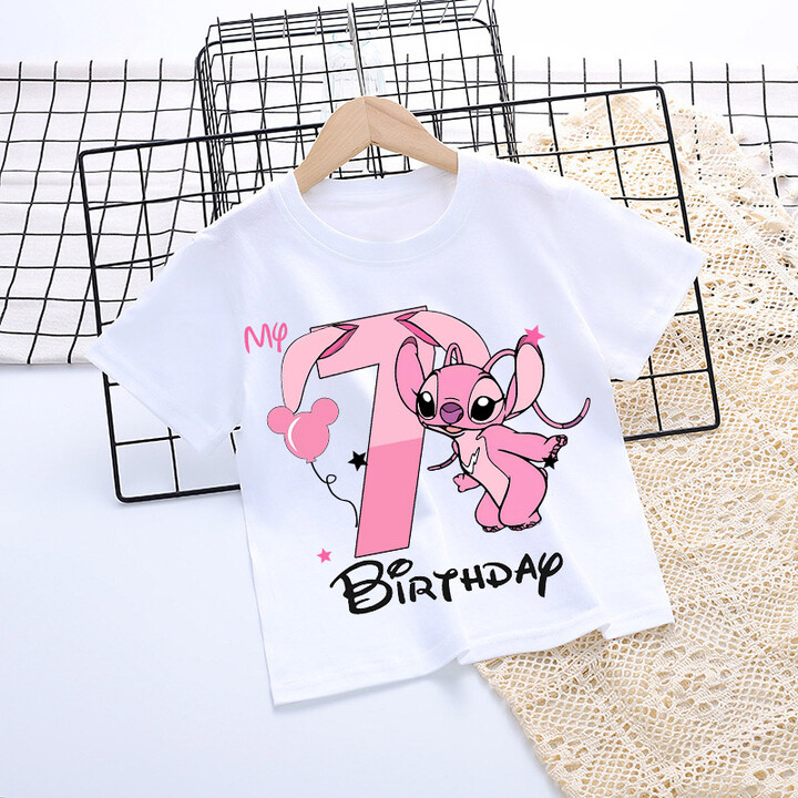 MINISO Stitch Angel Disney Short Sleeve Tops Clothes Baby Girls White Pink Number 1-9 T-shirt Birthday Party Tee Children Clothing Gift