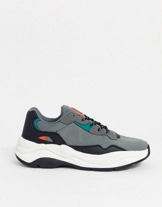 Bershka chunky trainer with contrast sole in grey