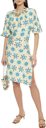 Paco Rabanne Bead-embellished gathered floral-print stretch-jersey dress