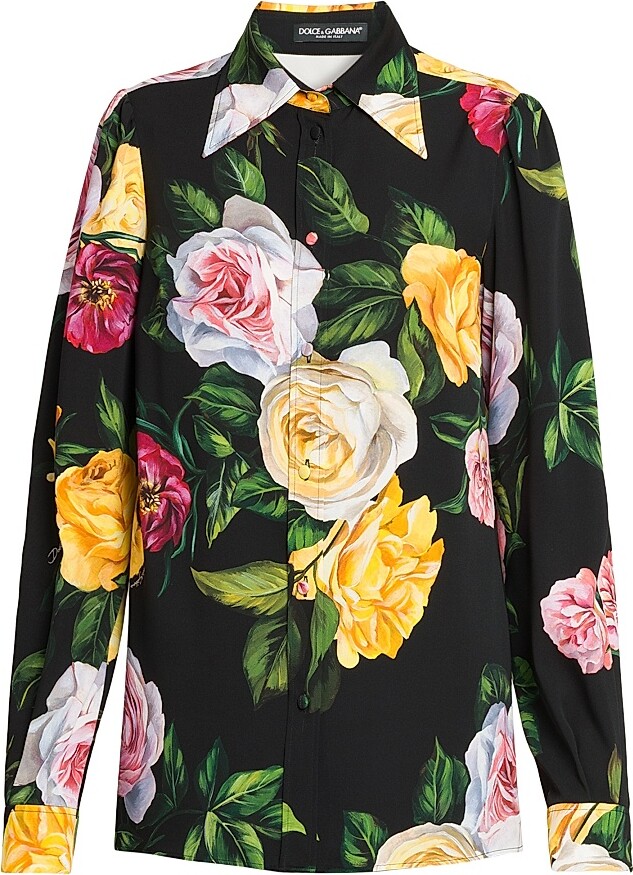 Dolce & Gabbana Women's Stretch-Silk Button-Front Shirt - Peonie Rose Nero - Size 0