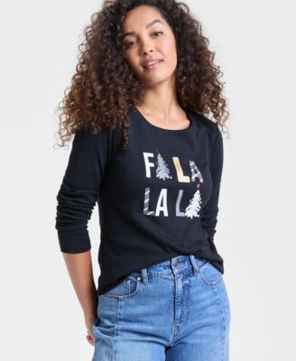 Holiday Lane Womens Fa La La Graphic Top Macys Exclusive