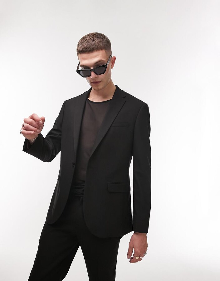 Topman stretch slim textured suit jacket in black ShopStyle