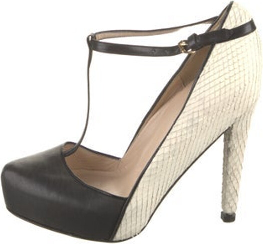 3.1 Phillip Lim Leather T-Strap Pumps Black Colorblock Pattern Round-Toes Platform Wrap-Around Straps Designer