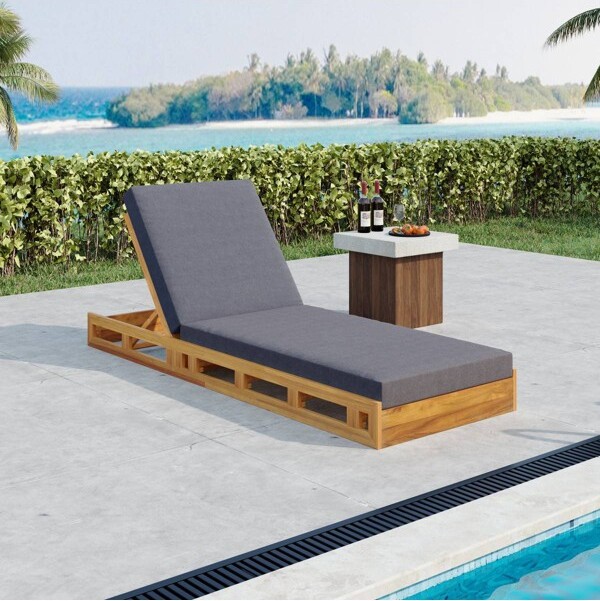 OutdoorChaiseLoungeChairwithDarkGrayCushionAcaciaWoodPatioLoungeChairAdjustableTeakFinishChaiseLoungeChairwith4-Position-Koiai