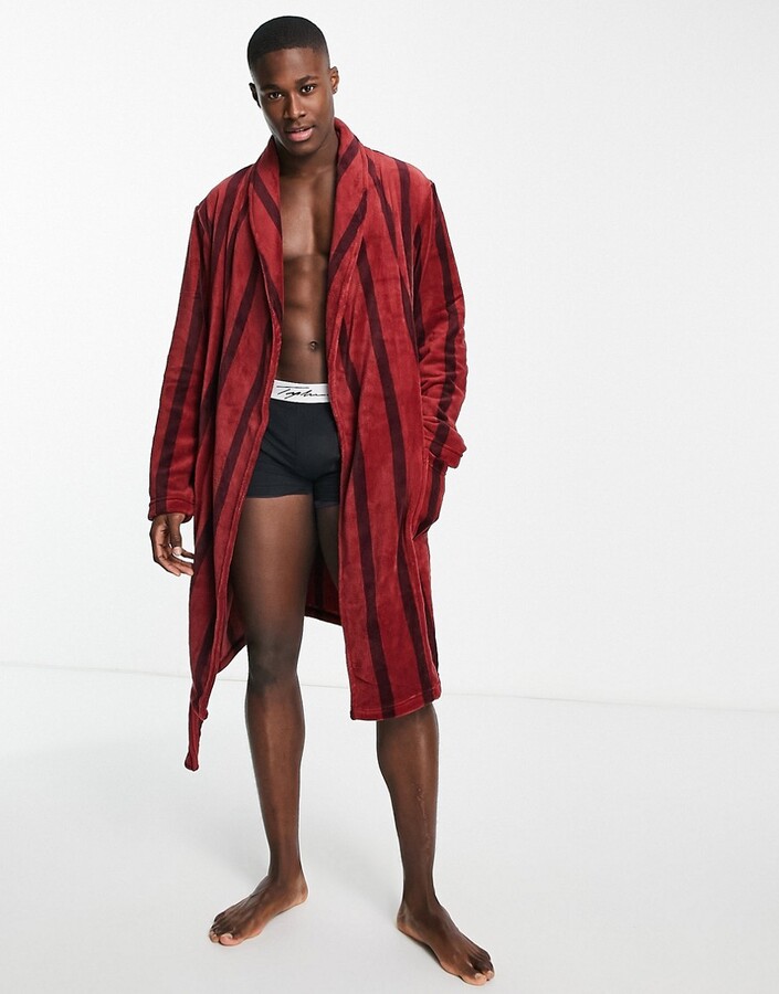 Brave Soul fleece robe with hood in red stripe - ShopStyle