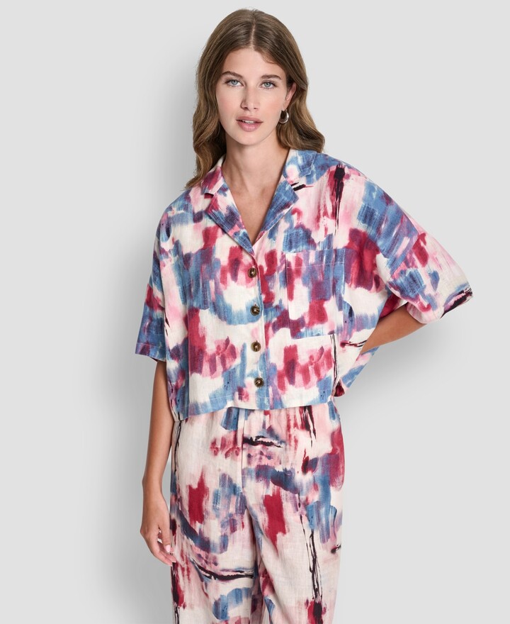 DKNY Women's Printed Short Sleeves Convertible Collar Top